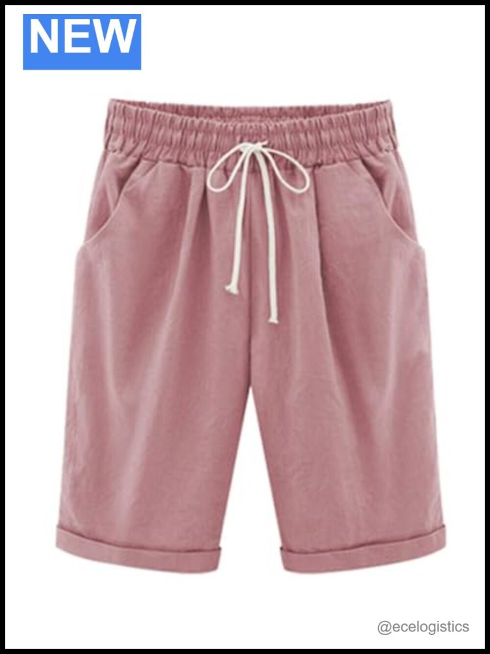 Women's Elastic Waist Knee Length Cotton Bermuda Shorts with Drawstring and